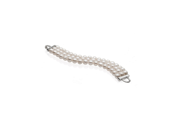 Elegantes Perlenarmband 3-reihig weiß rund 9-10 mm, 19.5 cm, Designverschluss 925er Silber, Gaura Pearls, Estland